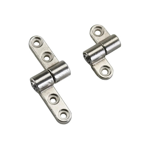 Two small damping hinges with mounting plates, silver metal, angled front view