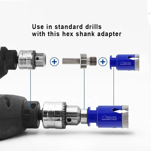 Heavy Duty Diamond Tile Drill Bit Kit Packaged With Twelve Premium Porcelain Hole Saws with hex shank adapter for standard drills.