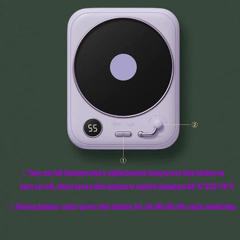 Smart Coffee Mug Warmer With Three Temperature Settings Keeps Your Mug Rocking Hot And Comfy Through The Daily Grind display with adjustable temperature and timer buttons.