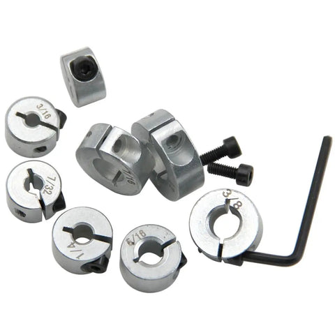 Drill Bit Depth Stop Collar Pro Grade Kit Built Tough with Eight Sizes and 3mm Allen Wrench for precise drilling.
