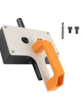 Close-up of Heavy Duty Multifunctional Wire Puller Handheld Tugger Tool, metal build with orange handle, designed for electricians.
