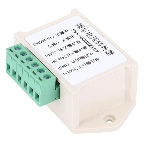 Dope Frequency To Voltage Converter Module With Durable Shell 0 To 500 Hz To 0 To 10 V Output Isolated Input For Anti Interference 15 To 24 V DC Power Great For DIY Electronics Projects And Instrumentation, angled view showing terminals