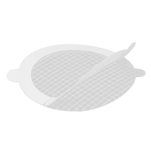 YUEHISY 50Pcs Shower Drain Hair Catcher Fiberglass Dense Mesh showing a round mesh design for catching hair.