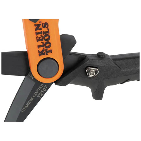 Close-up of Titanium Coated Utility Scissors with Serrated Blades Built for Tough Jobs, featuring adjustable pivot screw.