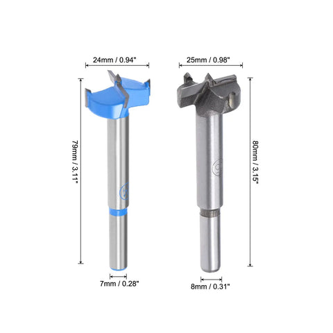 Workhorse Forstner Drill Bits Set Packing Two 24 And 25 Millimeter Cutters Featuring Razor Sharp Tungsten Carbide Heads, showing dimensions.