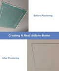 Slick Build Invisible Access Panel For Drywall Ceilings Featuring Rugged Aluminum Frame in before and after plastering images.