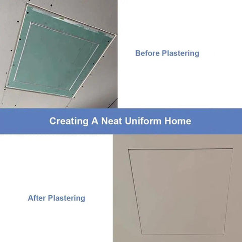 Slick Build Invisible Access Panel For Drywall Ceilings Featuring Rugged Aluminum Frame in before and after plastering images.