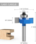 Four Piece Rabbet Router Bit Set Featuring One Quarter Inch Shanks And Six Swappable Guide Bearings Constructed From Heavy Duty Carbide Steel with dimensions displayed.