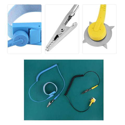 Anti Static Mat Set With Wrist Strap And Grounding Wire For Electronics Repair ESD Protection showing components and tools.