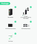 Package contents of 8-Port Full Gigabit PoE Switch Workhorse With 4 BT90W PoE Plus Ports With 120W PoE Budget And 2 Gigabit SFP Uplinks NDAA Compliant DIN Rail Mount For PTZ Cameras Lighting And Monitors; includes power adapter, DIN-rail, and wall mounting accessories.