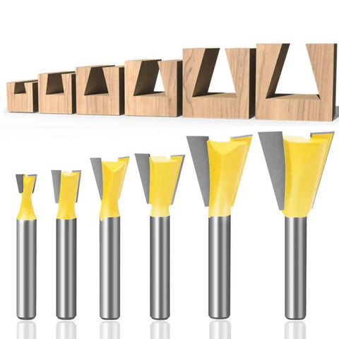 Premier Heavy Duty Dovetail Router Bit Set Six Piece Collection With One Quarter Inch Shank Equipped With Hella Sharp Carbide Blades Ready To Rip Through Hardwood For Perfect Joints Daily displayed with cut dovetail joints