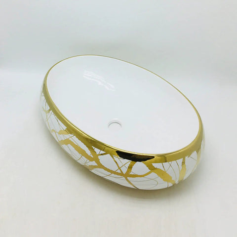 Sleek Gold Ceramic Vessel Sink Oval Bathroom Basin With Luxe Shine For Quick Vanity Upgrades Smooth Daily Routines And Fast Room Makeovers Turn Your Wash Setup Into A Total Flex side angle view with gold detailing