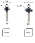Badass Roundover Router Bit Set With Six Extra Guide Bearings And Heavy Duty Carbide Edge Forming Bits showing two bits with dimensions.