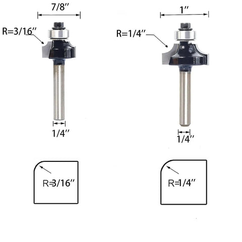 Badass Roundover Router Bit Set With Six Extra Guide Bearings And Heavy Duty Carbide Edge Forming Bits showing two bits with dimensions.