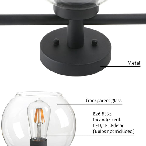 Close-up of metal base and transparent glass shade on Three Light Globe Ceiling Light Fixture Industrial Flush Mount Vintage Glass Shade Ceiling Lamp For Dining Room Living Room Kitchen Island Hallway Bathroom.