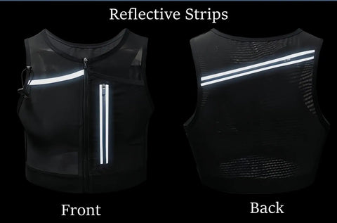 Front and back view of the Trail Running Hydration Pack With Phone Holder Reflective Trek Vest for Teens L Size with reflective strips.