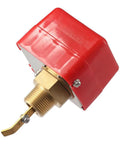 Flow Switch For Water Systems With Paddle Type Sensor Three Quarters Inch Thread AC 250V Flow Sensor Switch Auto Activation When Flow Exceeds Set Point Easy Install No Brainer Stable And Adjustable Flow Control, brass body, red housing, angled view.