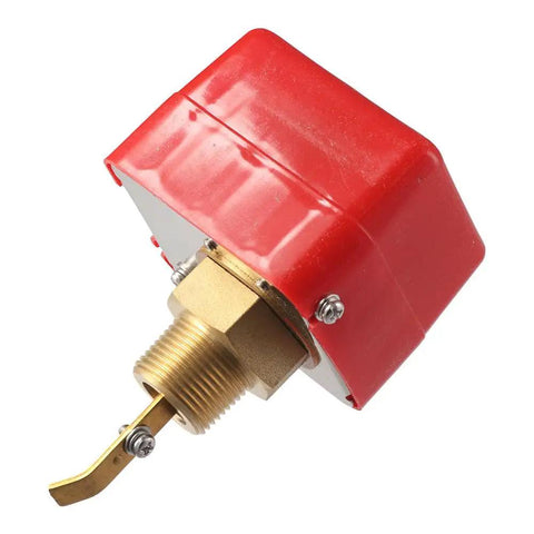 Flow Switch For Water Systems With Paddle Type Sensor Three Quarters Inch Thread AC 250V Flow Sensor Switch Auto Activation When Flow Exceeds Set Point Easy Install No Brainer Stable And Adjustable Flow Control, brass body, red housing, angled view.