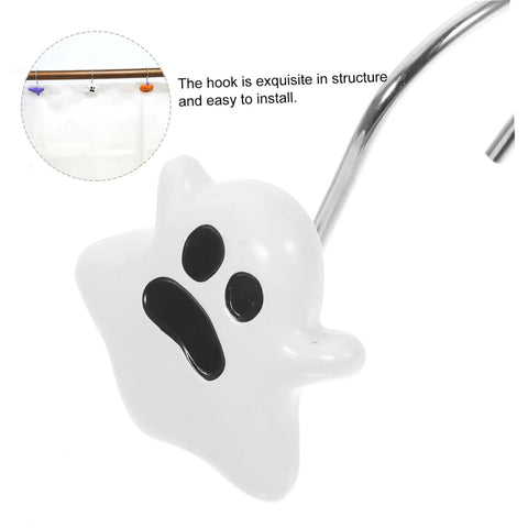 Close-up of Halloween Shower Curtain Hooks Bat Pumpkin Ghost Design 12 Piece Set With Smooth Glide No Snag Durable Rust Resistant Metal Rings