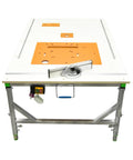 Built Tough Foldable Woodworking Workbench With Thick Plywood Surface And Rust Proof Steel Frame Compact Saw Station For Weekend Warriors And Master Carpenters, top view with orange inserts and adjustable blade guide.