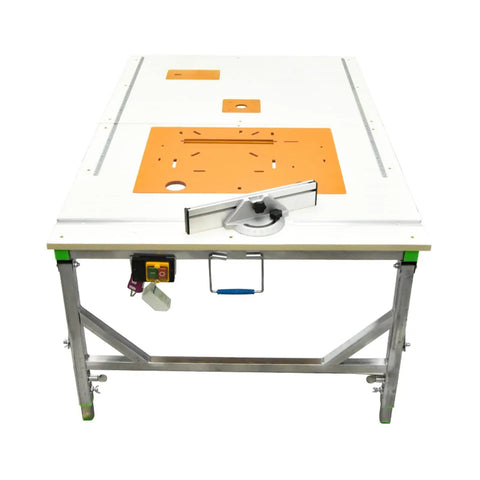 Built Tough Foldable Woodworking Workbench With Thick Plywood Surface And Rust Proof Steel Frame Compact Saw Station For Weekend Warriors And Master Carpenters, top view with orange inserts and adjustable blade guide.