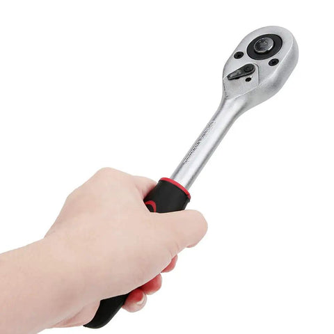 Hand holding ratchet from 94 Piece Ratchet Wrench And Socket Tool Set Kit For Mechanics Chrome Steel Durable Pro Grade in silver.