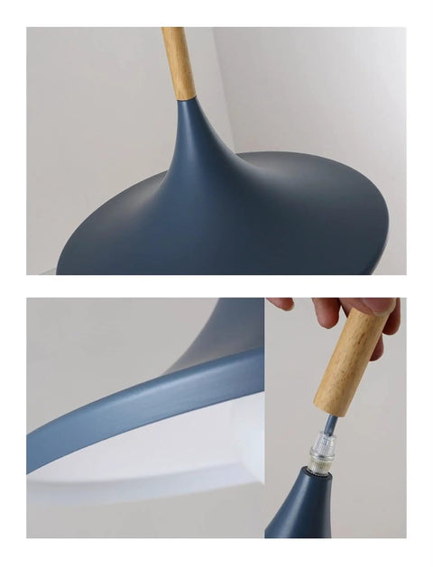 Solid Metal Pendant Light For Living Room And Bedroom Kitchen With Bright E27 Bulb Straight Up Setting close-up detail of blue shade and wood accent.