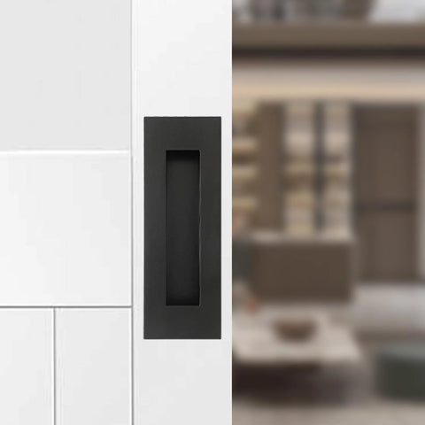 Recessed Finger Flush Pulls For Cabinets And Doors - 4.72 Inch Black Stainless Steel Brushed Rectangular Door Pull Installed on Door