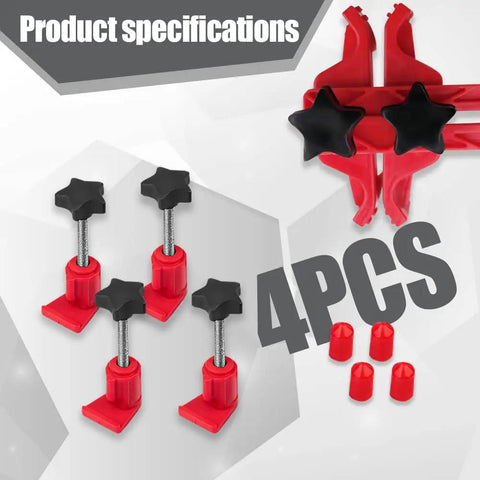 Close-up of 4-piece Dual Camshaft Locking Clamp Tool Kit For Car Engines Anti Slip Gear Clamp, red and black components.