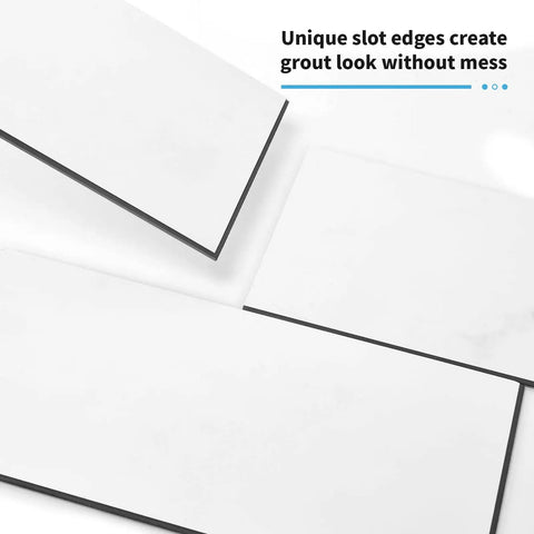 White Peel And Stick Backsplash Panels For Kitchen And Bathroom Waterproof Self Adhesive Subway Tiles DIY Friendly Large 5.9 X 11.8 Inch Easy Install 22 Piece Set Covers 10.63 Sq Ft showing unique slot edges for grout look
