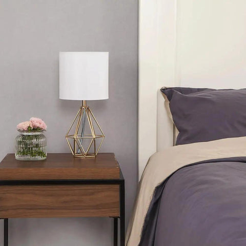 Gold Modern Hollow Out Base Table Lamp With White Fabric Shade on nightstand, cute nightstand light for kids bedroom
