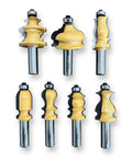 Heavy Duty Architectural Molding Router Bit Set For Skilled Woodworkers Crafting Knockout Baseboards Door Casings And Chair Rails with 7 gold-coated router bits.