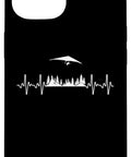 Hang Glider Art Phone Case For IPhone 15 For Men Women Cool Hang Glide Gear Gift Idea For Teens Instructors And Flight Fans Who Love Hang Gliding Skies with mountain and tree design on black background.