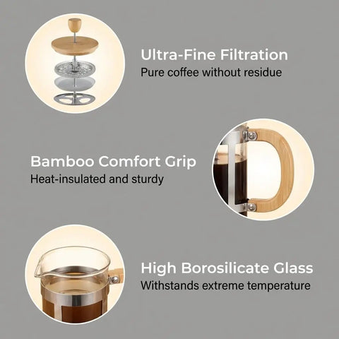 12 Ounce French Press Coffee Maker With Stainless Steel Filter And Borosilicate Carafe, One Cup Brew, Durable Bamboo Handle