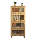 Modern 4 Tier Floor Standing Book Shelf With Flip Lid Glass Door Dope Solid Wood Storage Rack displaying books and decor