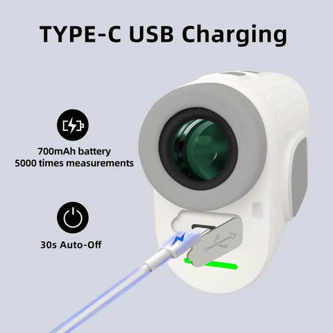 Golf Range Finder With Magnetic Mount Slope Compensation Flag Lock Vibration Measures In Yards Feet And Meters 1000 Yard Range USB C Rechargeable Battery And Top Notch Optics showing USB-C charging port.