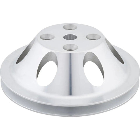 Beefy Lightweight Aluminum Pulley Set For Long Water Pump With 1 Groove Upper And 2 Groove Lower V Belt Design For 1969 To 1985 Small Block Chevy SBC Includes Single Groove Water Pump Pulley And Double Groove Crank Pulley standalone image