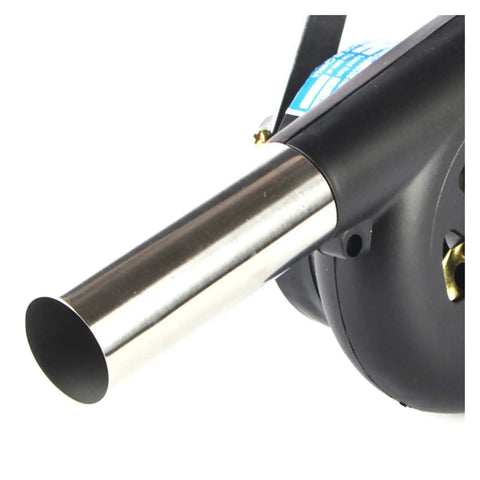 Close-up of Portable Manual Hand Crank Air Blower Fire Up Campfires Fast Heavy Duty Metal Stoker Bellows Pump nozzle.