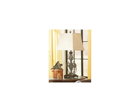 Traditional 33.5 Inch Table Lamp With 3-Way Switch Brown Finish on living room table with decorative sculpture