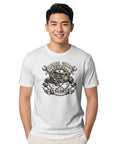 Retro Hot Rod Tee With Distressed Gear Wrench Emblem Design For Gearheads And Car Lovers Who Love Vintage Garage Style Artwork On A Cool Grungy Cotton Shirt that shows a man wearing a graphic t-shirt with automotive design.