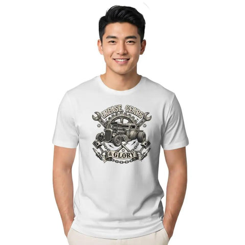 Retro Hot Rod Tee With Distressed Gear Wrench Emblem Design For Gearheads And Car Lovers Who Love Vintage Garage Style Artwork On A Cool Grungy Cotton Shirt that shows a man wearing a graphic t-shirt with automotive design.