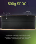 500g spool of black carbon fiber reinforced PET 3D printing filament with neat winding and rubber reinforced edges.
