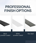 Professional finish options for Hidden Countertop L Bracket For Overhang Support: black, white powder-coated, and raw steel versions shown.