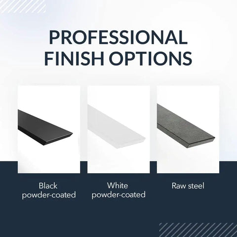 Professional finish options for Hidden Countertop L Bracket For Overhang Support: black, white powder-coated, and raw steel versions shown.