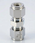 VALVENTO stainless steel compression tube fitting, front view, 8mm OD x 8mm OD straight union adapter with ferrules.