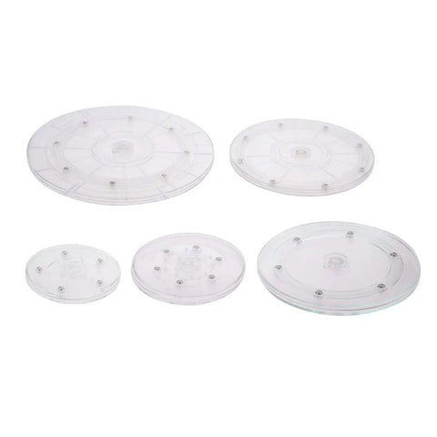 Five various sized acrylic lazy Susans on white background, featuring the Small 4 Inch Acrylic Lazy Susan Rotation Organizer