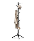 Freestanding Wooden Coat Rack With 8 Hooks, Easy Assembly, 3 Adjustable Heights, No Fuss New Zealand Pine, Black Finish, jackets and hat hanging.