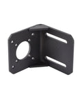 Front-angle view of NEMA 17 mounting bracket, alloy steel, black, L-shaped with circular motor mount hole and slotted side.
