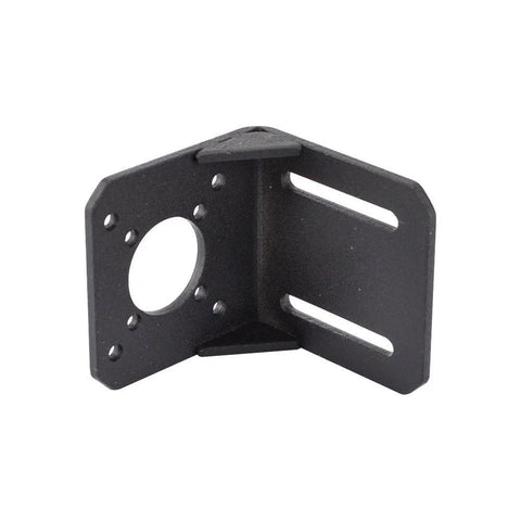Front-angle view of NEMA 17 mounting bracket, alloy steel, black, L-shaped with circular motor mount hole and slotted side.