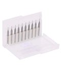 Set of 10 carbide end mills, 0.6 mm diameter, 1/8 in shank, PCB engraving CNC router bits in a clear plastic case.